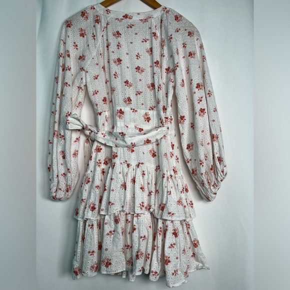 Maia Bergman Ines Ruffled Floral Eyelet Mini Wrap Dress White /Pink Size  XL - Picture 6 of 10